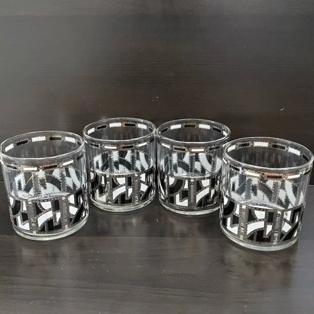 4 CULVER Rare HTF MidMod Silver White Black Abstract Design Rock Tumbler Glass